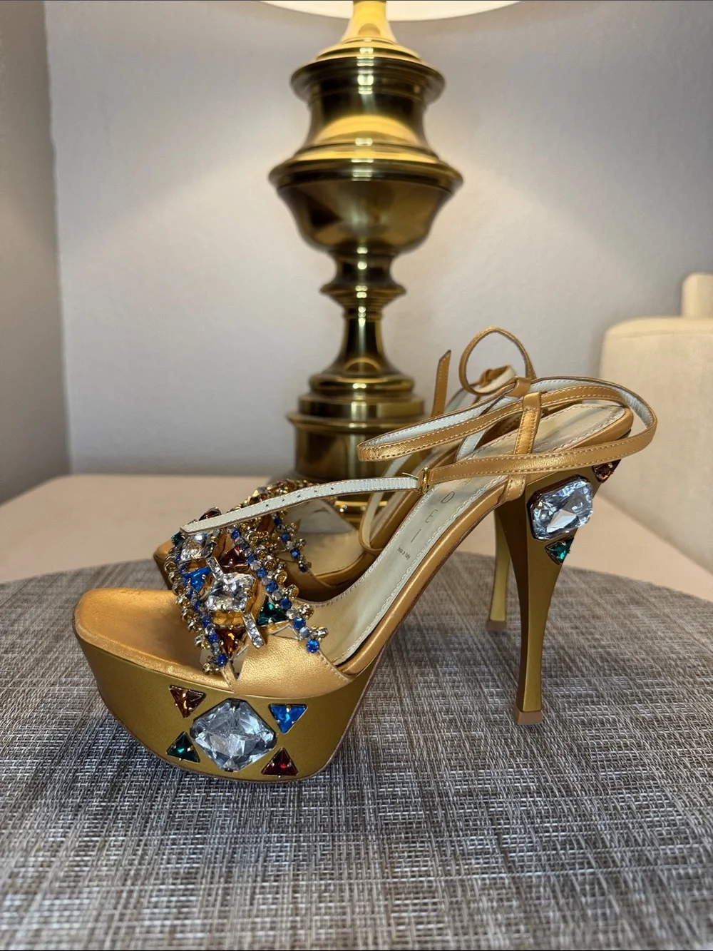 Casadei Gold Jeweled Platform Sandals with Multicolor Gems
